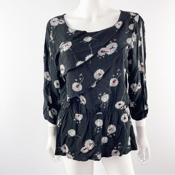 Deletta Anthropologie Black WISHED BLOOM Dandelion Floral Blouse Size M - Picture 2 of 9